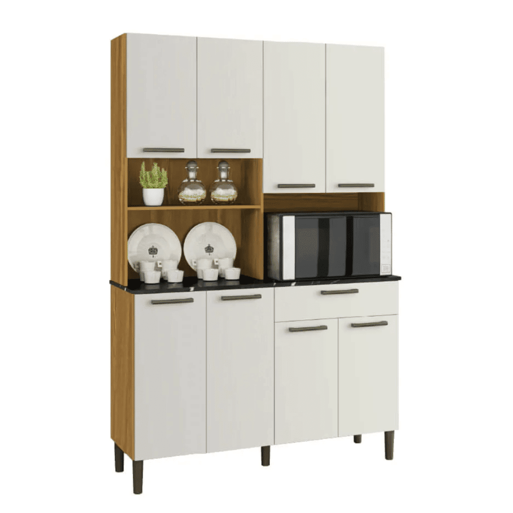 Armário de Cozinha Kit 8 Portas 1 Gaveta em MDF Ronipa Tannat Amendoa/Off White Armário de Cozinha Kit 8 Portas 1 Gaveta em MDF Ronipa Tannat Amendoa/Off White