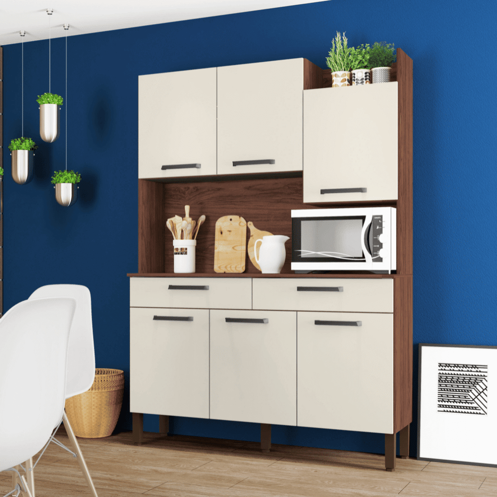 Armário de Cozinha Kit 6 Portas 2 Gavetas Modena  Nogueira/Off White - Kits Paraná Armário de Cozinha Kit 6 Portas 2 Gavetas Modena  Nogueira/Off White - Kits Paraná