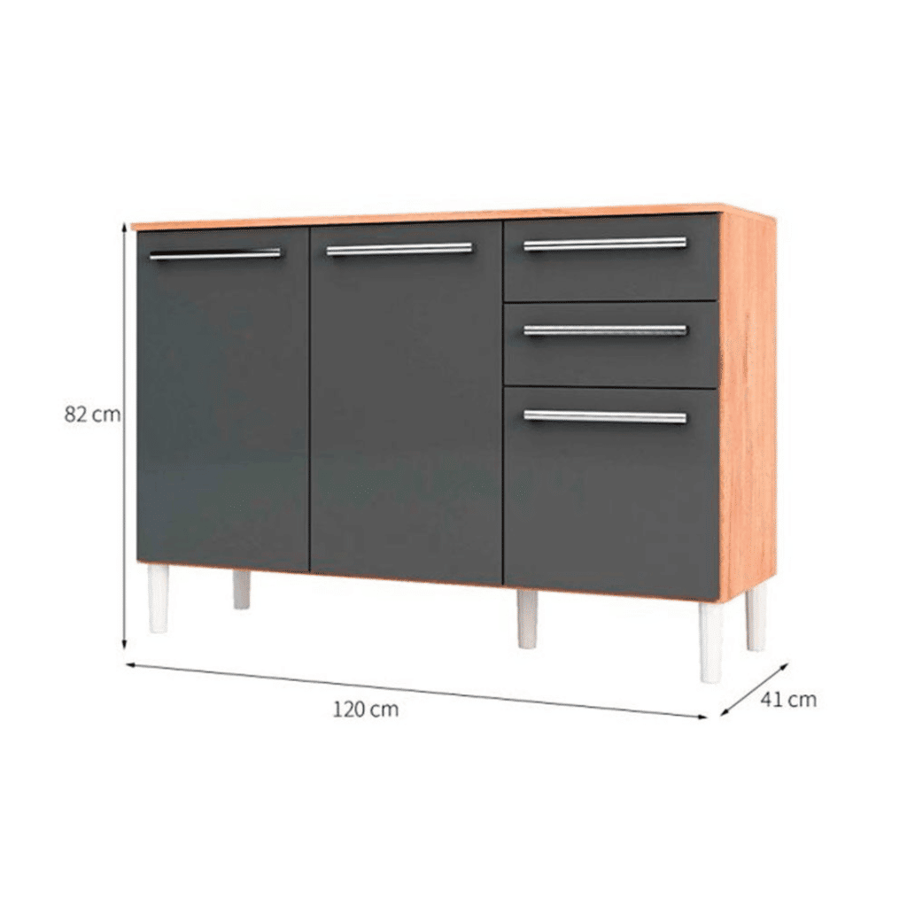 Balcão de Cozinha com Tampo em MDF 3 Portas 2 Gavetas Ronipa Carmenere 120cm Amendoa/Chumbo Balcão de Cozinha com Tampo em MDF 3 Portas 2 Gavetas Ronipa Carmenere 120cm Amendoa/Chumbo