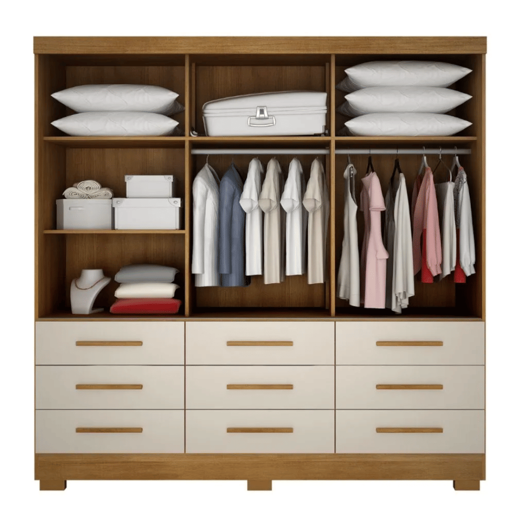 Guarda Roupa Casal com Espelho 3 Portas 9 Gavetas Buriti Cumaru/Fendi - Novo Horizonte Guarda Roupa Casal com Espelho 3 Portas 9 Gavetas Buriti Cumaru/Fendi - Novo Horizonte