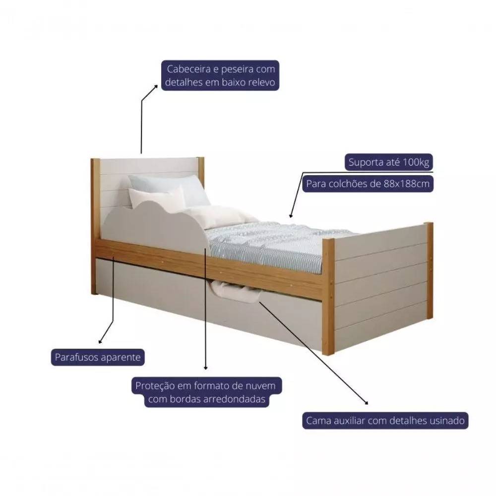 Cama Bibox Solteiro em MDF com Protetor Lateral Elza Cimol Nature/Off White Cama Bibox Solteiro em MDF com Protetor Lateral Elza Cimol Nature/Off White