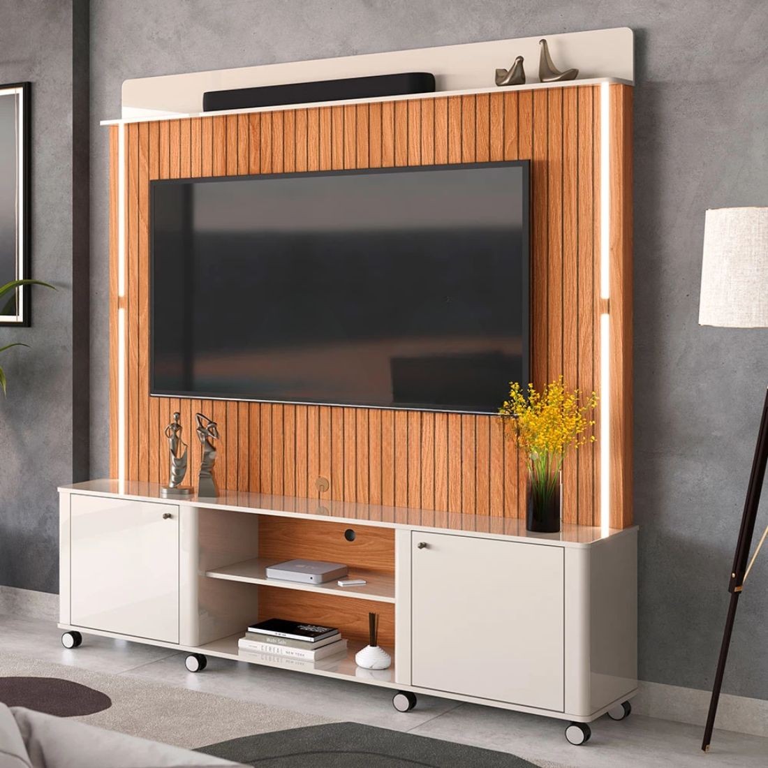 Estante Home Para TV 75 Polegadas com LED e Rodízios Lukaliam Florença Off White/Jequitiba Impressão 3D