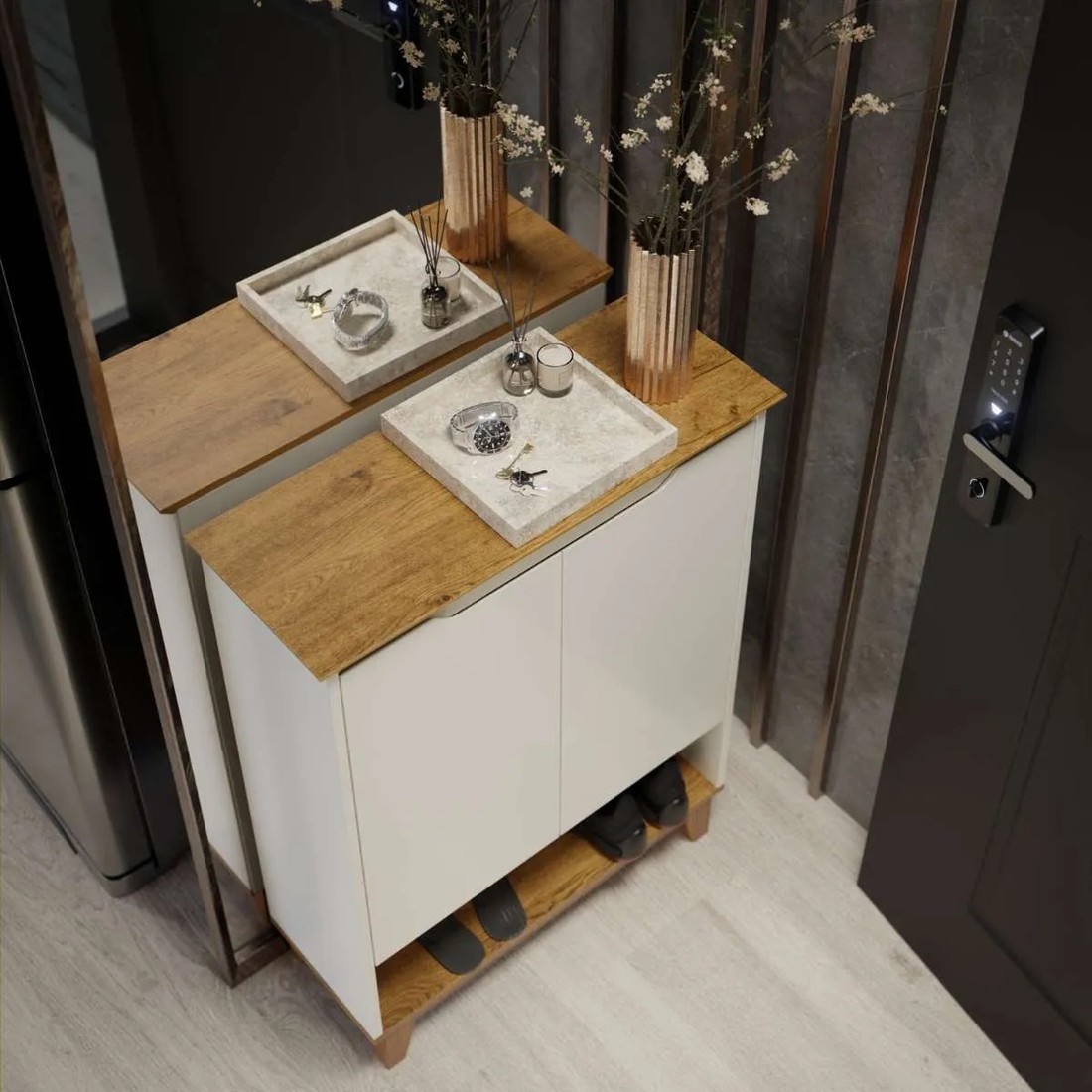 Sapateira 2 Portas Hall Flow EJ Móveis – Off White/Freijó Sapateira 2 Portas Hall Flow EJ Móveis – Off White/Freijó