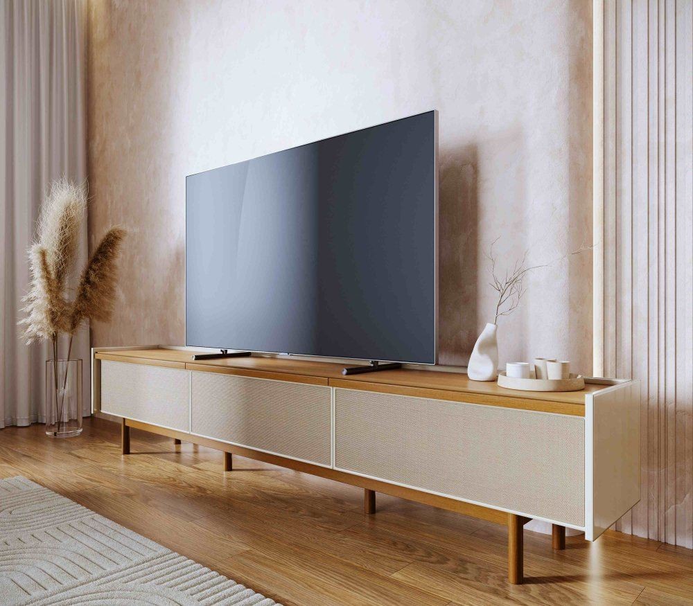 Rack Dune 3G 2.2 para Sala em Madeira Maciça e MDF, Off White/Nature - Imcal Rack Dune 3G 2.2 para Sala em Madeira Maciça e MDF, Off White/Nature - Imcal