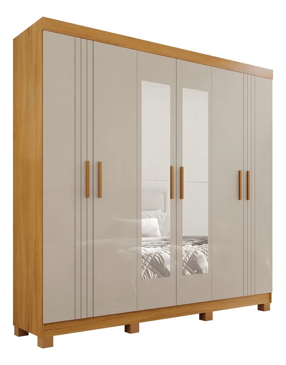 Guarda-roupa 6 Portas, com Espelho com Pés Madri Cinamomo/Off White - CHF Móveis