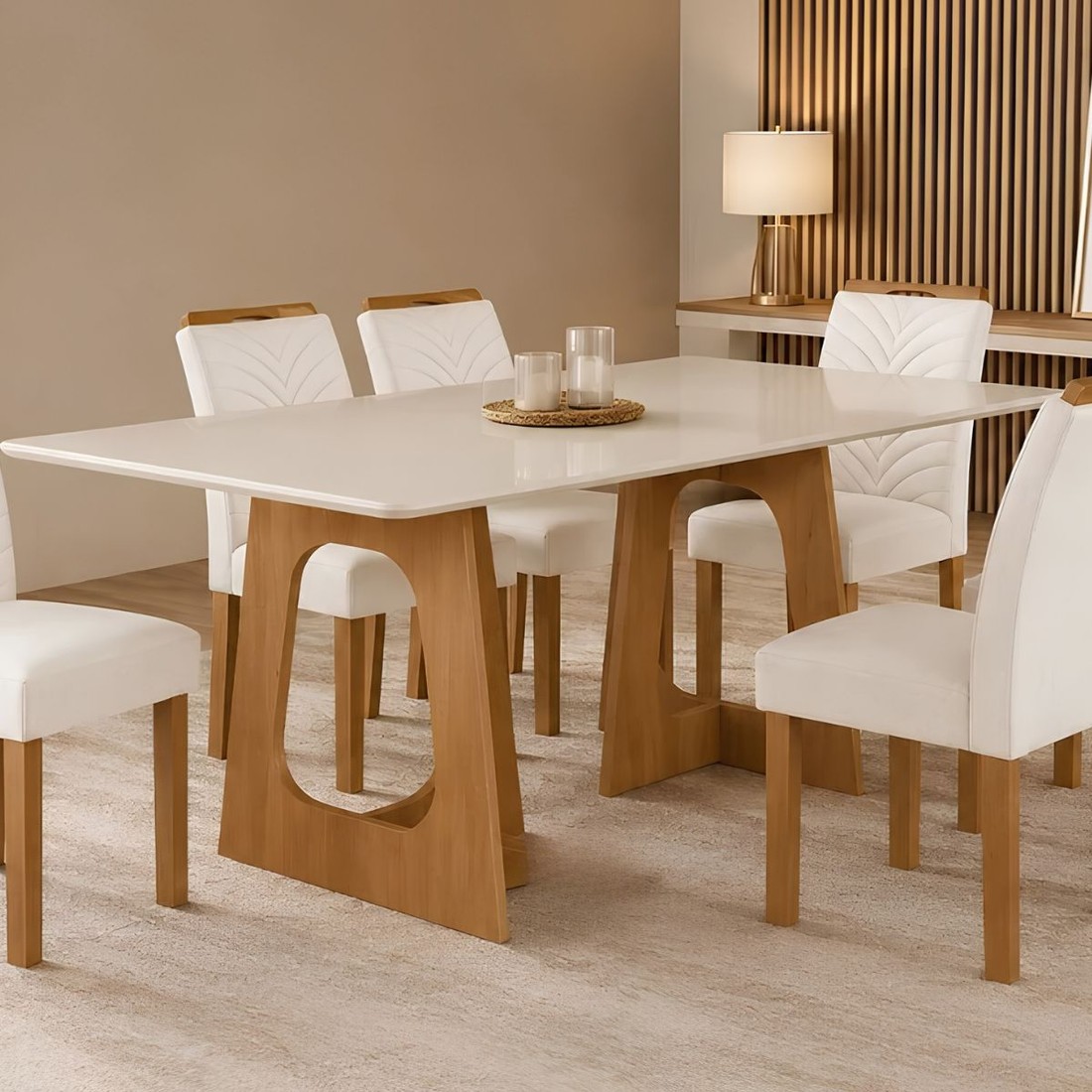 Conjunto Mesa 6 Cadeiras Cel Moveis Cancun Retangular 170x90 Tampo Smart Plus com Vidro Off/Cinamomo Conjunto Mesa 6 Cadeiras Cel Moveis Cancun Retangular 170x90 Tampo Smart Plus com Vidro Off/Cinamomo