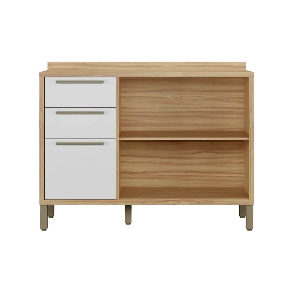 Balcão de Cozinha com Tampo em MDF  2 Portas 3 Gavetas Ronipa Syrah 120cm Amendoa/Branco Balcão de Cozinha com Tampo em MDF  2 Portas 3 Gavetas Ronipa Syrah 120cm Amendoa/Branco