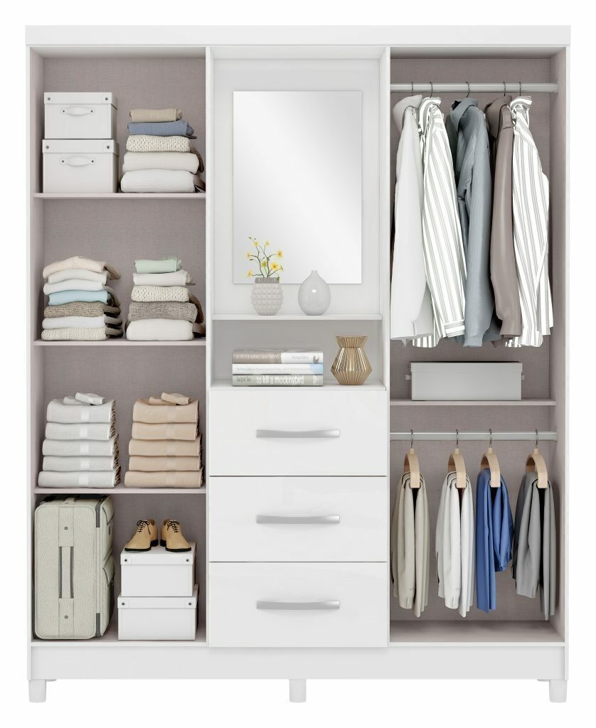 Guarda-Roupa Solteiro 4 Portas Capelinha com Espelho Ilhéus MX Móveis Branco com Pink Guarda-Roupa Solteiro 4 Portas Capelinha com Espelho Ilhéus MX Móveis Branco com Pink