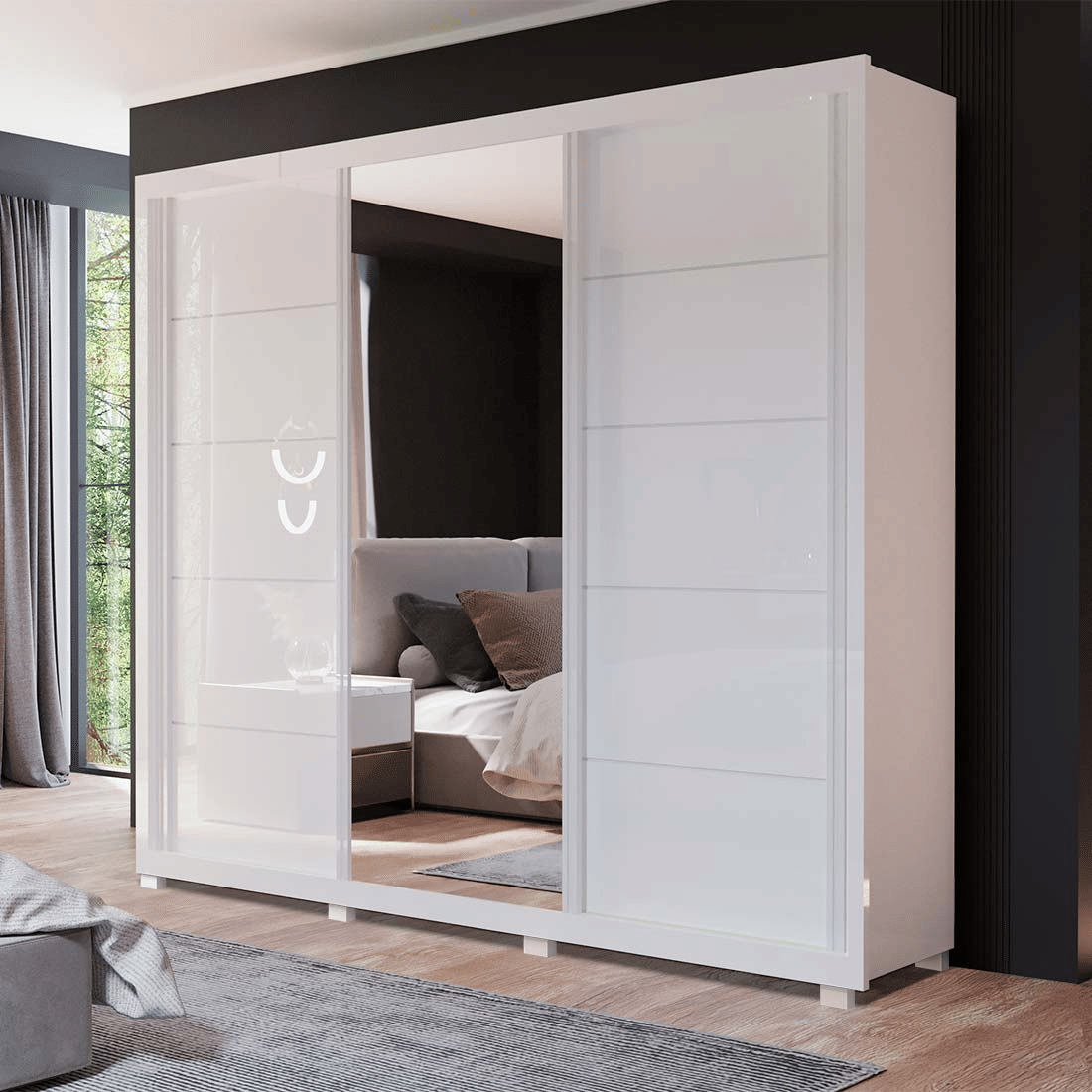 Guarda-Roupa Big 2.7 Anna Euro 100% MDF, com Espelho, 3 portas de correr, Branco - Bom Pastor