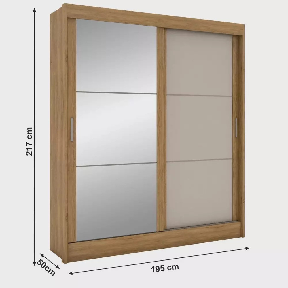 Guarda-Roupa Casal com Espelho 2 Portas de Correr Rodial Andros Nature/Off White  Guarda-Roupa Casal com Espelho 2 Portas de Correr Rodial Andros Nature/Off White