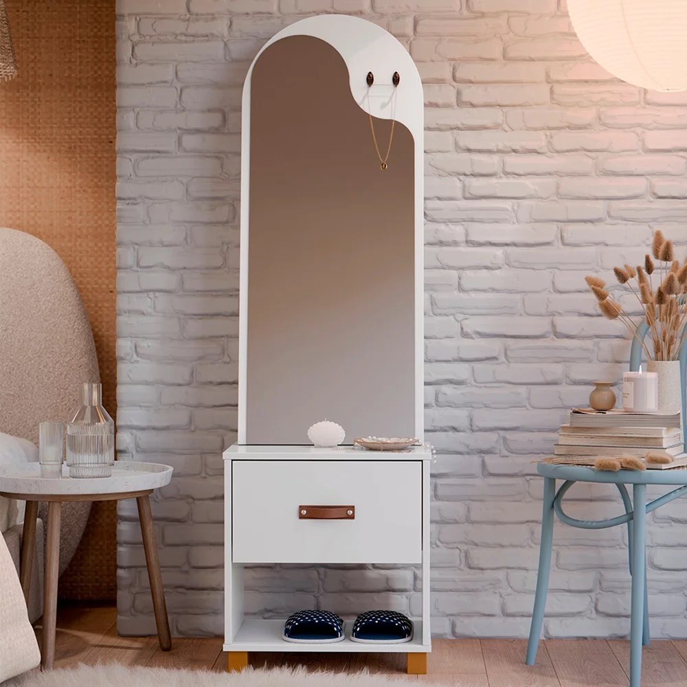Toucador Penteadeira Com Espelho 1 Gaveta Organic Branco - EJ Móveis Toucador Penteadeira Com Espelho 1 Gaveta Organic Branco - EJ Móveis