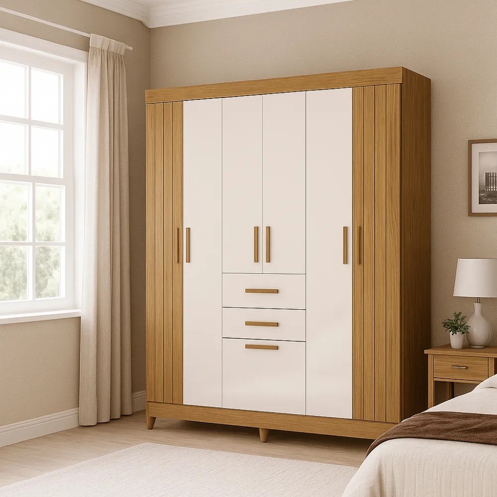 Guarda Roupa Casal Malta com 7 Portas e 2 Gavetas Freijó/ Off White - Moval Moveis