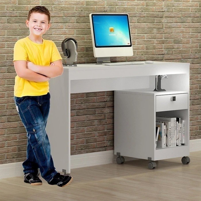 Escrivaninha Mesa de Computador 1 Gaveta com Rodízios Giga Branca - Valdemoveis Escrivaninha Mesa de Computador 1 Gaveta com Rodízios Giga Branca - Valdemoveis