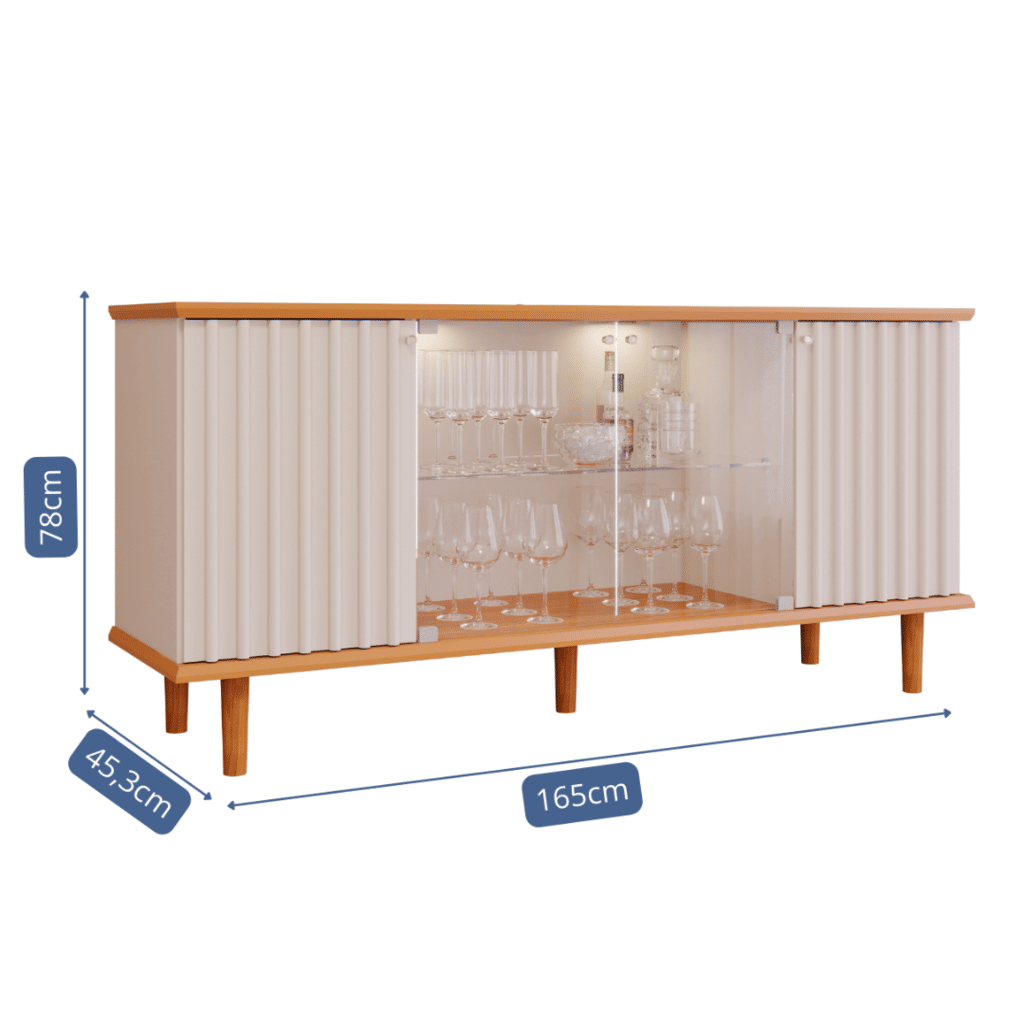 Buffet Aparador 4 portas 100% MDF, com Vidro Temperado Janice Cimol Nature/off White  Buffet Aparador 4 portas 100% MDF, com Vidro Temperado Janice Cimol Nature/off White