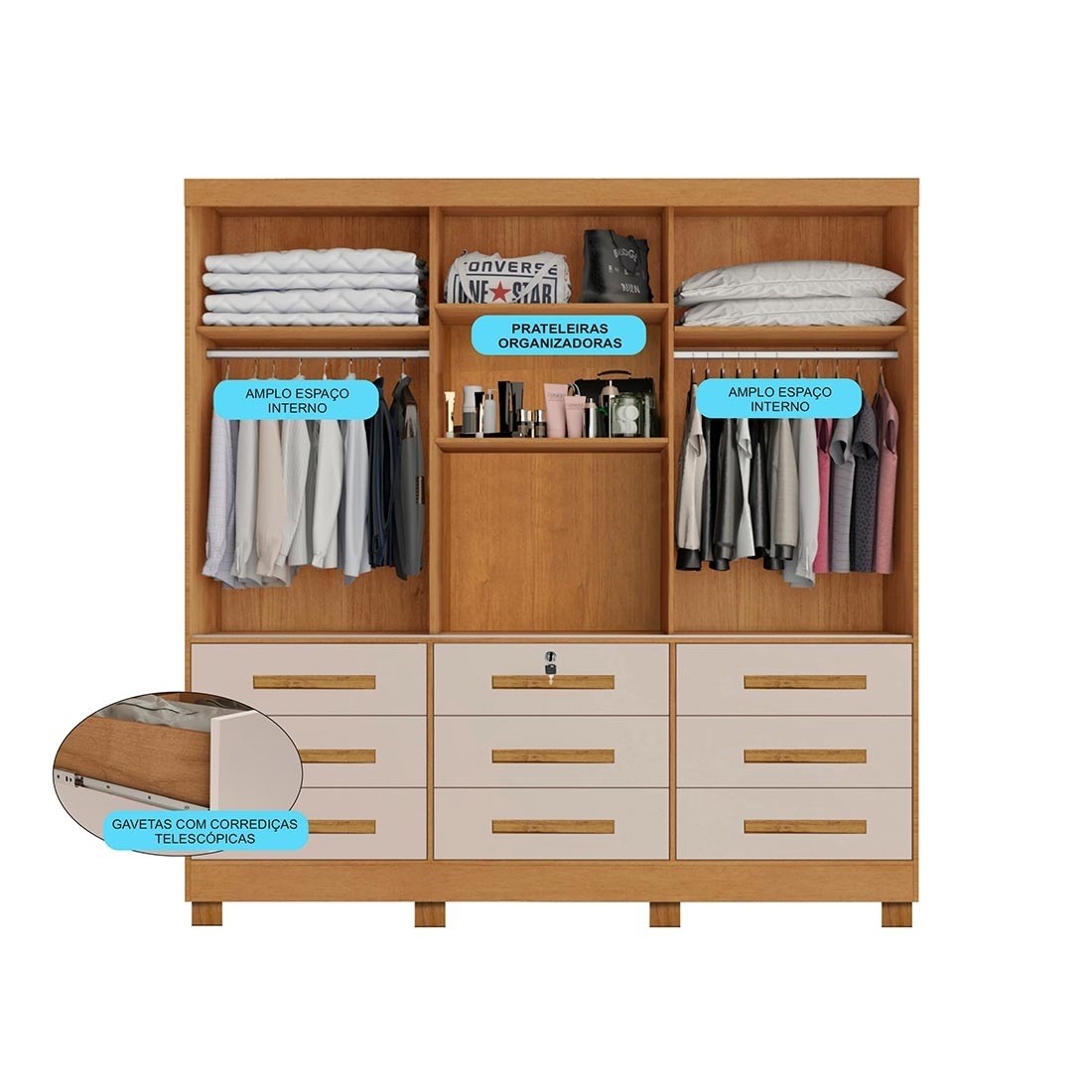 Guarda-Roupa Casal 100% MDF Athenas com Espelho 3 Portas 9 Gavetas Nature/Off White - Bianchi