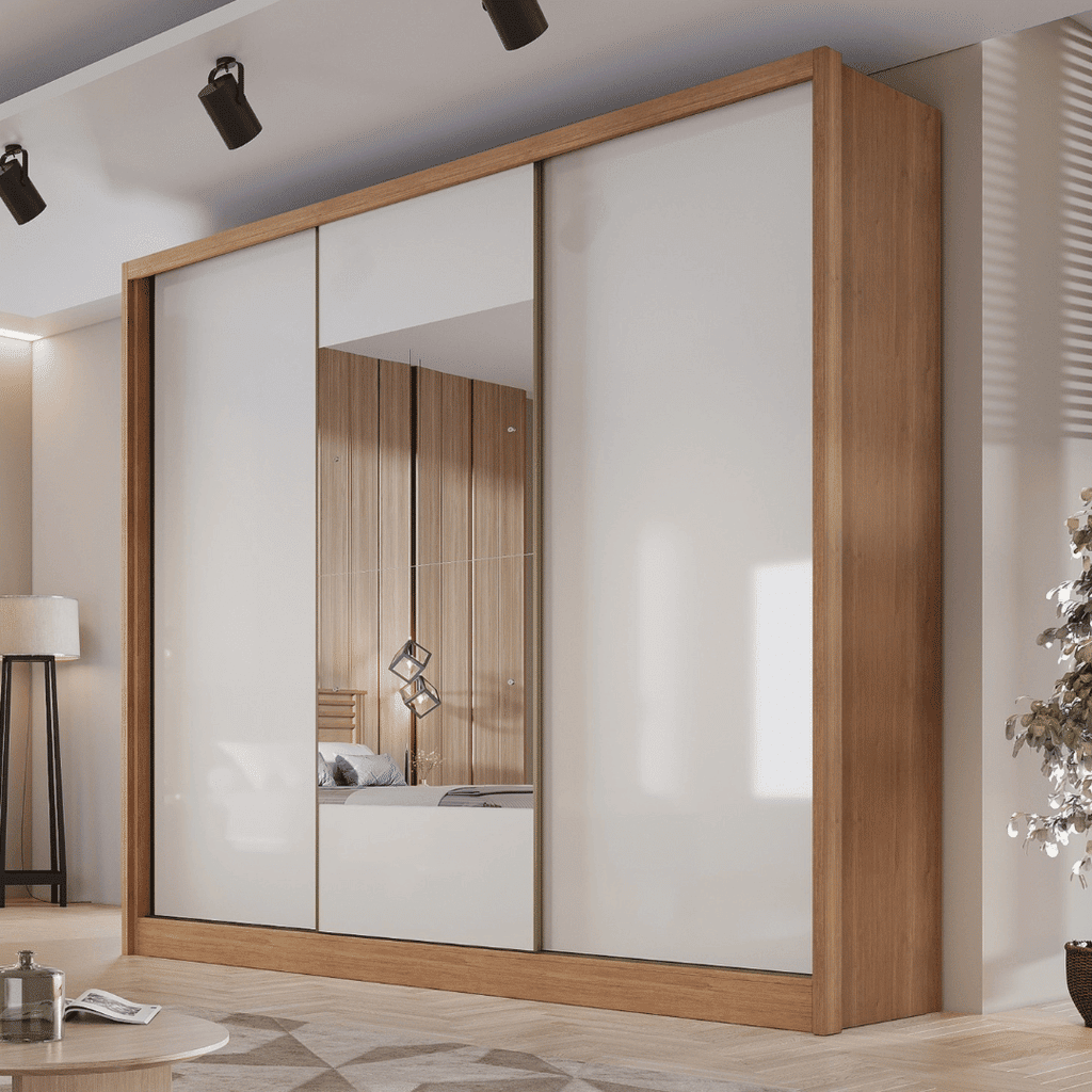 Guarda Roupa Casal com Espelho 3 Portas 6 Gavetas 100% MDF Arezzo Cumaru/Fendi - Novo Horizonte