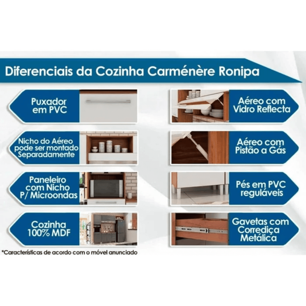 Cozinha Completa em MDF Carmenere, Paneleiro + Aéreo + Balcão Amendoa/Off White -  Ronipa  Cozinha Completa em MDF Carmenere, Paneleiro + Aéreo + Balcão Amendoa/Off White -  Ronipa