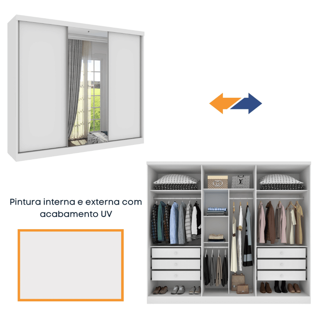 Guarda-Roupa Casal 100% MDF Com Espelho 3 Portas de Correr 6 Gavetas Tcil Móveis Milão Branco Guarda-Roupa Casal 100% MDF Com Espelho 3 Portas de Correr 6 Gavetas Tcil Móveis Milão Branco