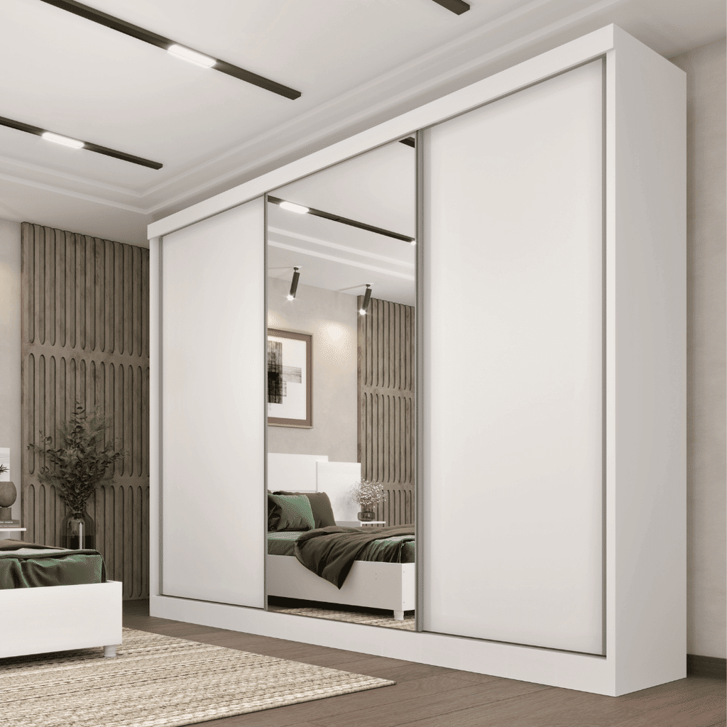 Guarda-Roupa Casal 100% MDF Com Espelho 3 Portas de Correr 6 Gavetas Tcil Móveis Milão Branco Guarda-Roupa Casal 100% MDF Com Espelho 3 Portas de Correr 6 Gavetas Tcil Móveis Milão Branco