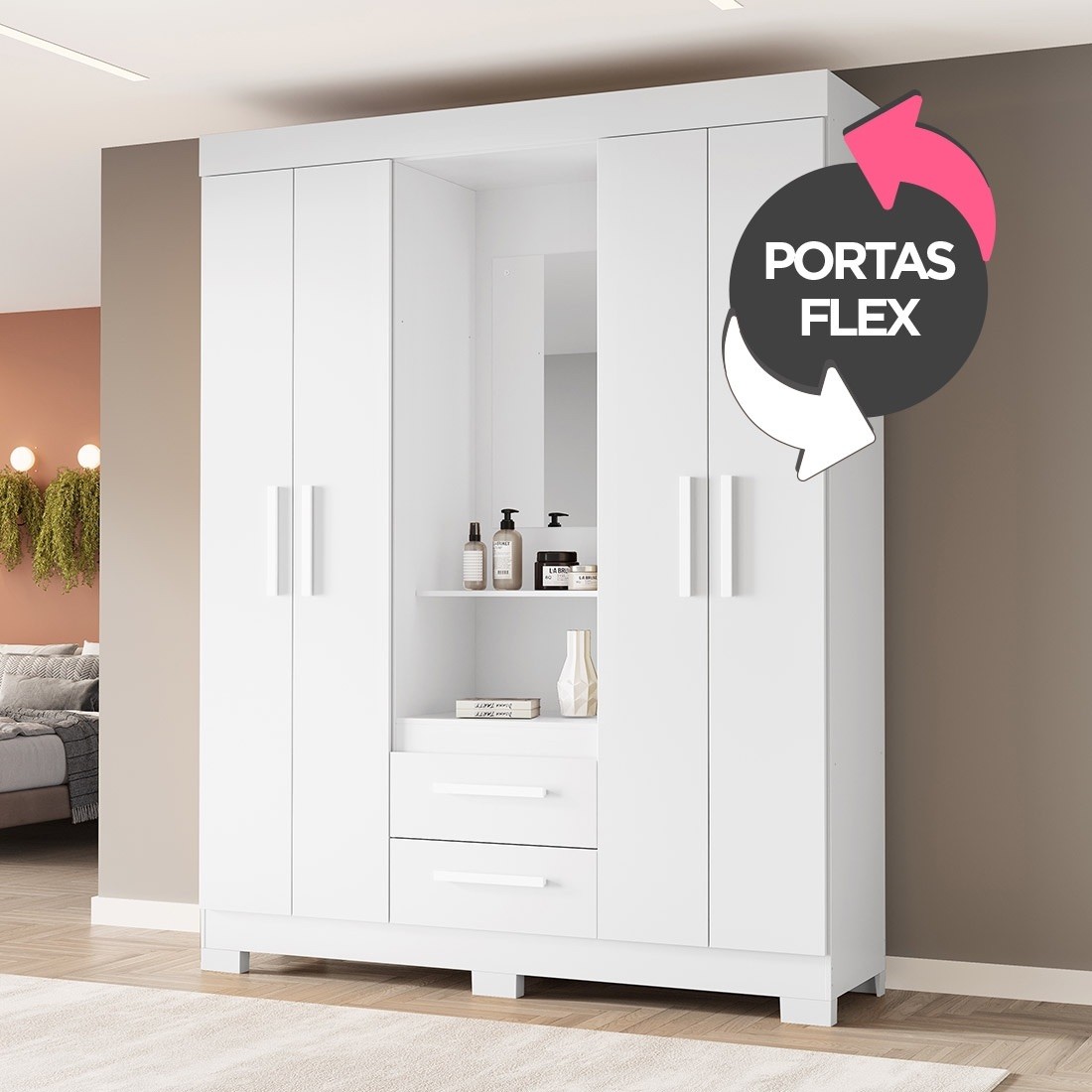 Guarda-roupa Solteiro NT6055 com Espelho 4 Portas 138,5cm Notável - Branco Fosco - Br/Rsfle