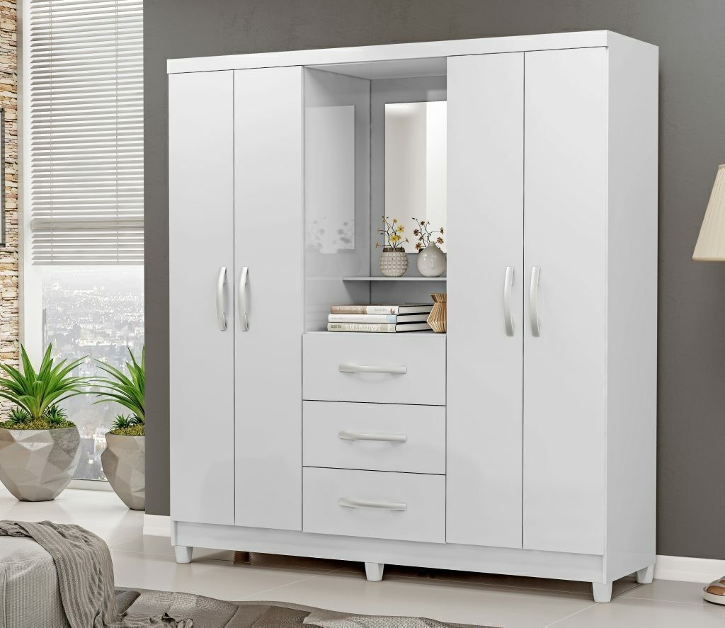 Guarda-Roupa Solteiro 4 Portas Capelinha com Espelho Ilhéus MX Móveis Branco com Pink Guarda-Roupa Solteiro 4 Portas Capelinha com Espelho Ilhéus MX Móveis Branco com Pink