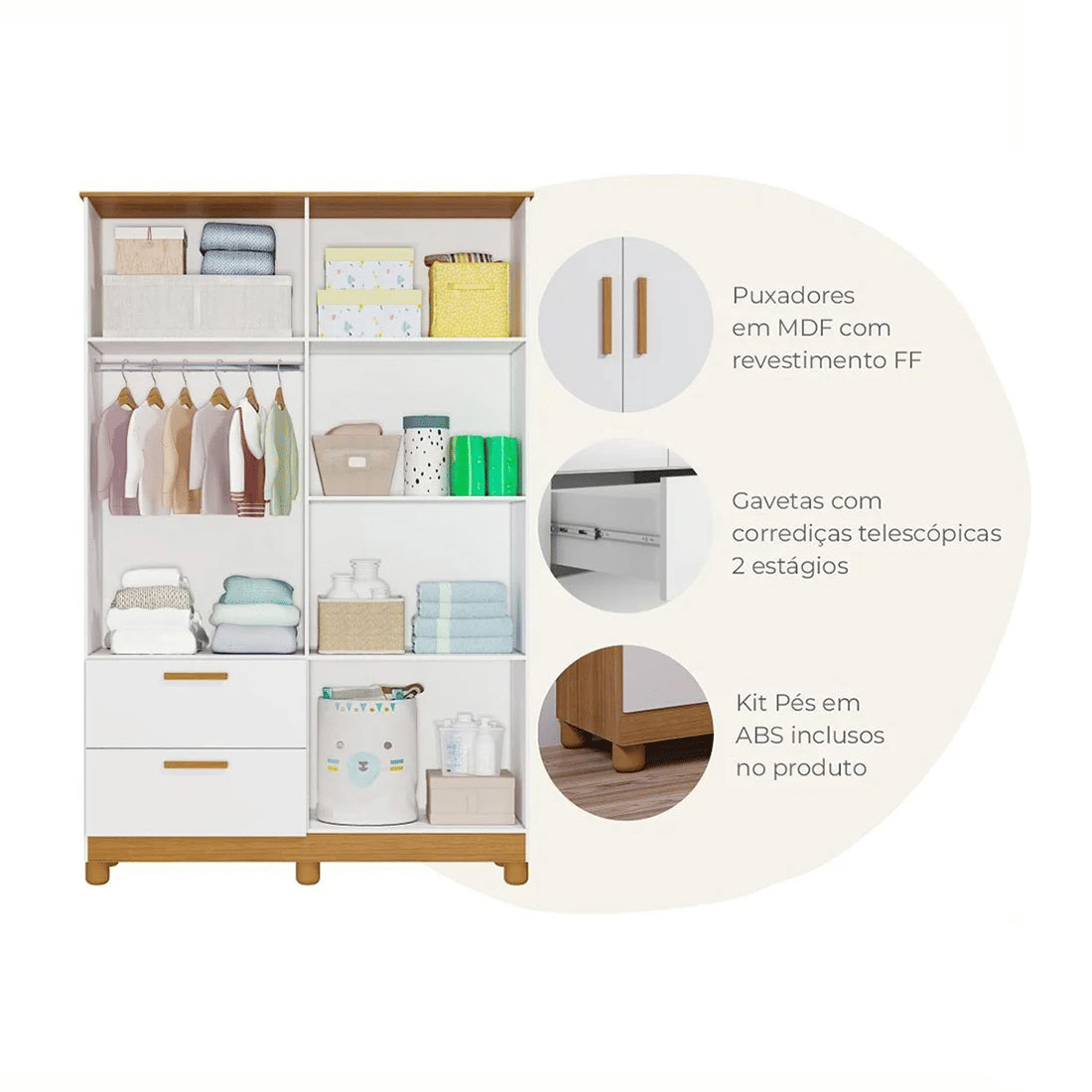 Guarda Roupa 4 Portas Infantil Jujuba 100% MDF Permóbili - Branco/Nature