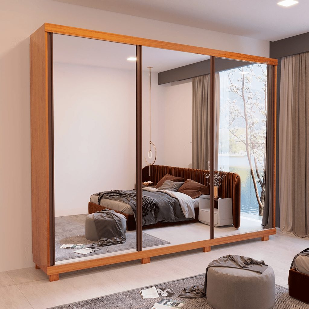 Guarda Roupa Casal Com Espelho 3 Portas de Correr em MDF Maximus Naturall - Bom Pastor  Guarda Roupa Casal Com Espelho 3 Portas de Correr em MDF Maximus Naturall - Bom Pastor