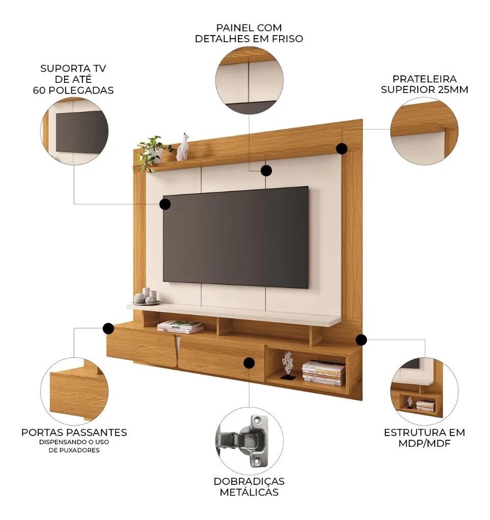 Painel para Tv  Zenith 1.6 2 Portas 160cm HB - Cinamomo/Off White