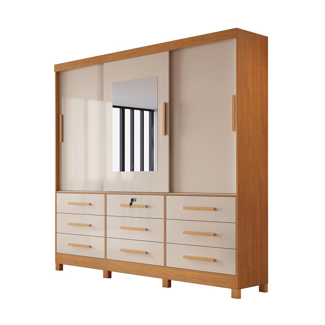 Guarda-Roupa Casal 100% MDF Athenas com Espelho 3 Portas 9 Gavetas Nature/Off White - Bianchi