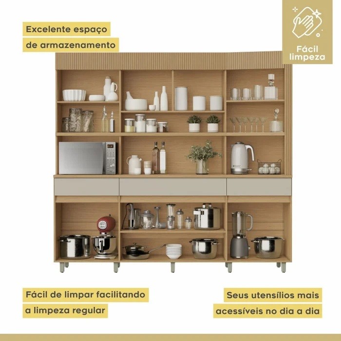 Kit Cozinha Compacta Nesher Realeza 6 Portas 3 Gavetas 220cm – Carvalho/Greige Kit Cozinha Compacta Nesher Realeza 6 Portas 3 Gavetas 220cm – Carvalho/Greige