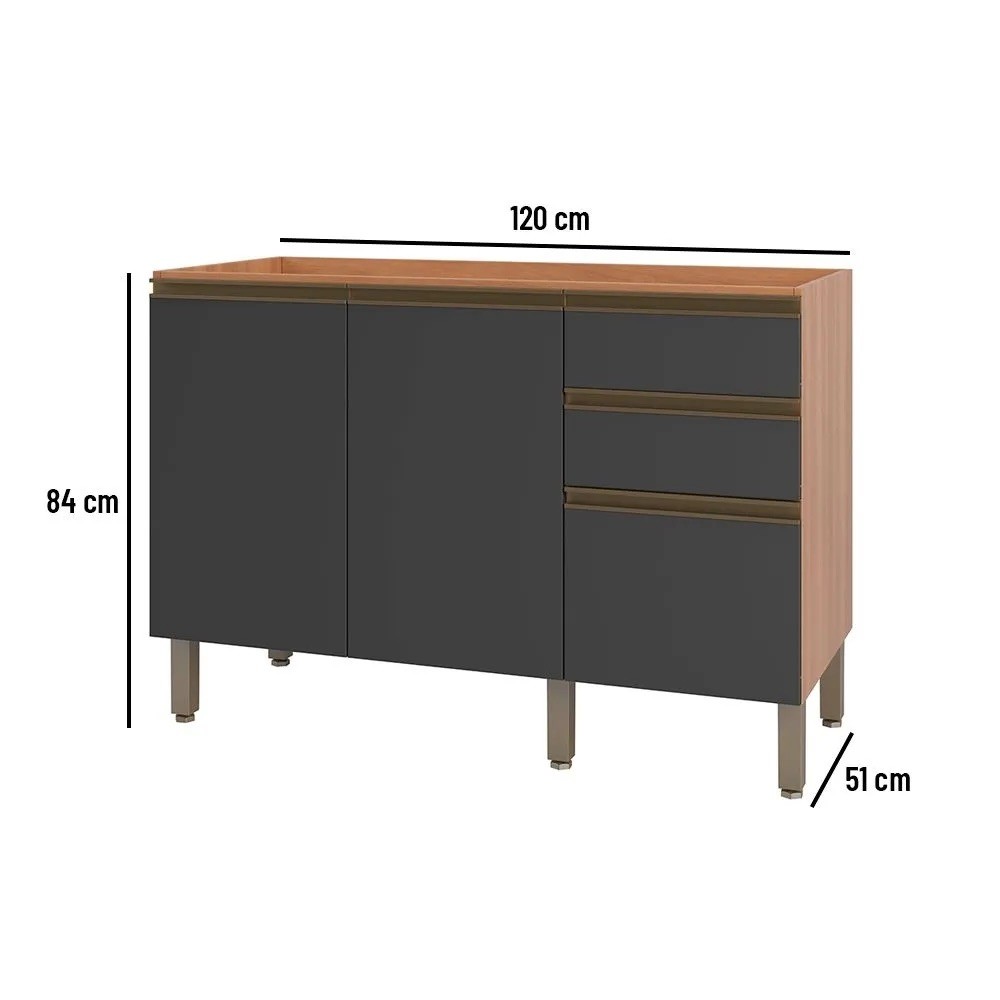 Balcão de Cozinha para Pia 120 cm 2 Portas 3 Gavetas Freijó/Grafite Macadâmia - Telasul Balcão de Cozinha para Pia 120 cm 2 Portas 3 Gavetas Freijó/Grafite Macadâmia - Telasul