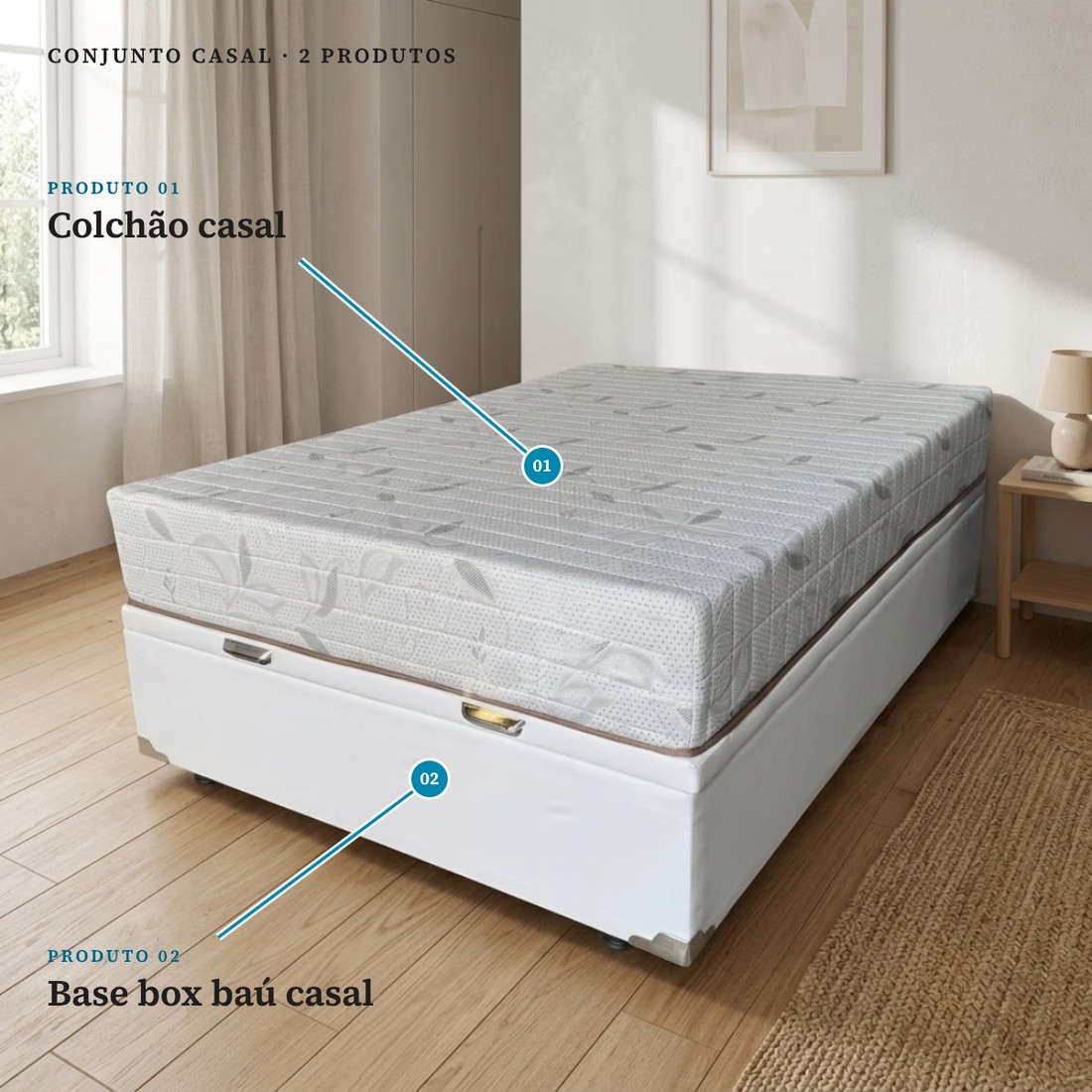 Conjunto Base Baú Casal Ortolike Corino Branco + Colchão Jade Borda Infinita D33 Design Colchões 138x188cm