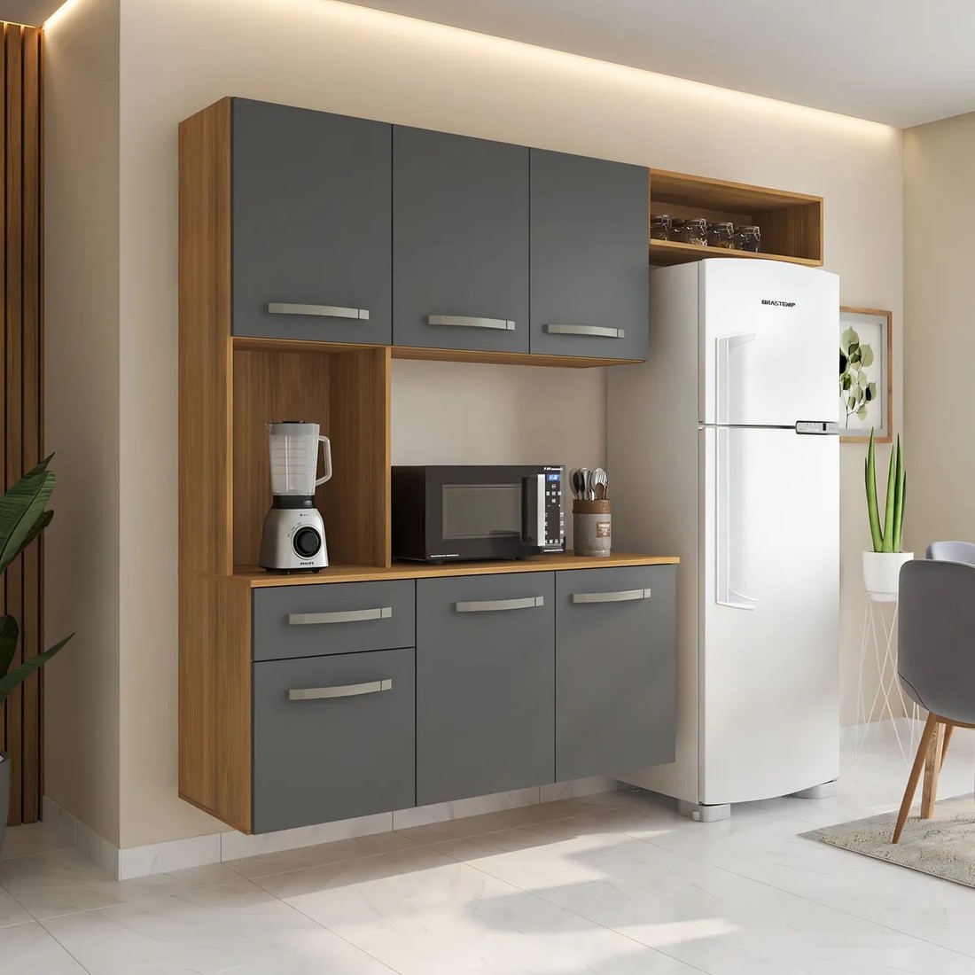 Cozinha Compacta Suspensa Completa Belíssima Freijo/Grafite - Fiorello Cozinha Compacta Suspensa Completa Belíssima Freijo/Grafite - Fiorello