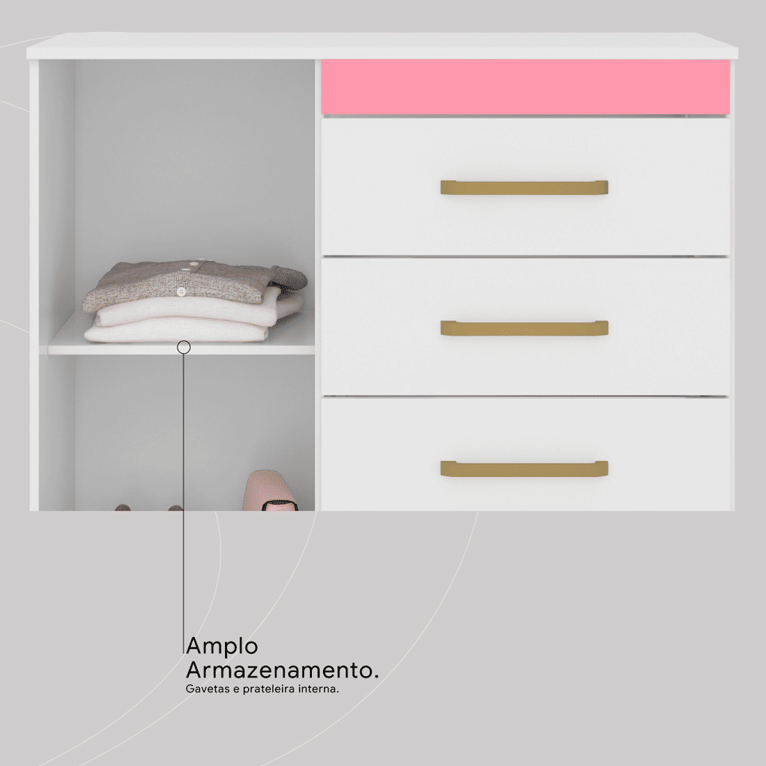 Cômoda Montevideu com 4 Gavetas e 1 Porta Demobile Branco/Branco/Rosa Cômoda Montevideu com 4 Gavetas e 1 Porta Demobile Branco/Branco/Rosa