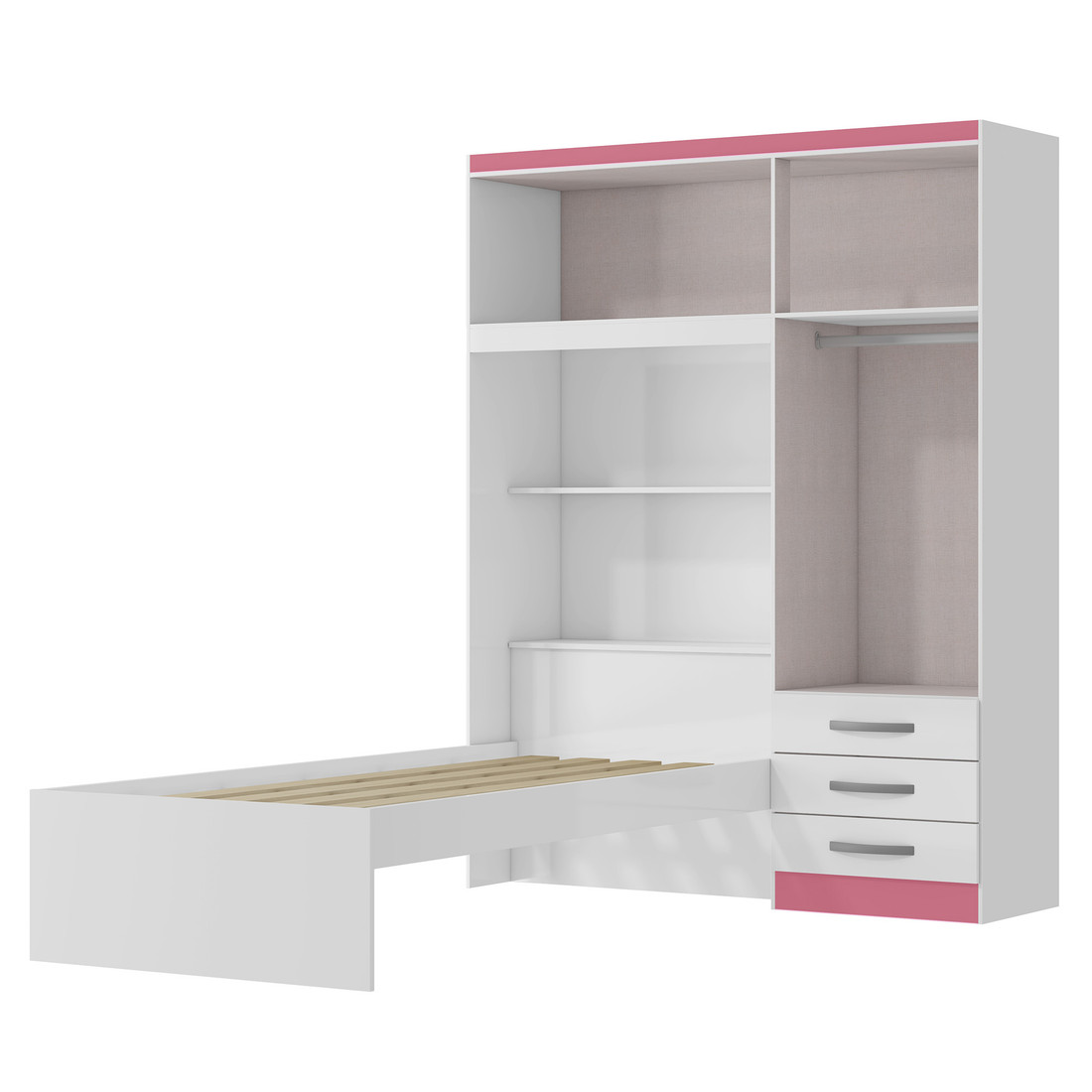 Guarda-Roupa Solteiro Com Cama 4 Portas MX Móveis Lisboa Branco/Rosa-Flex Guarda-Roupa Solteiro Com Cama 4 Portas MX Móveis Lisboa Branco/Rosa-Flex