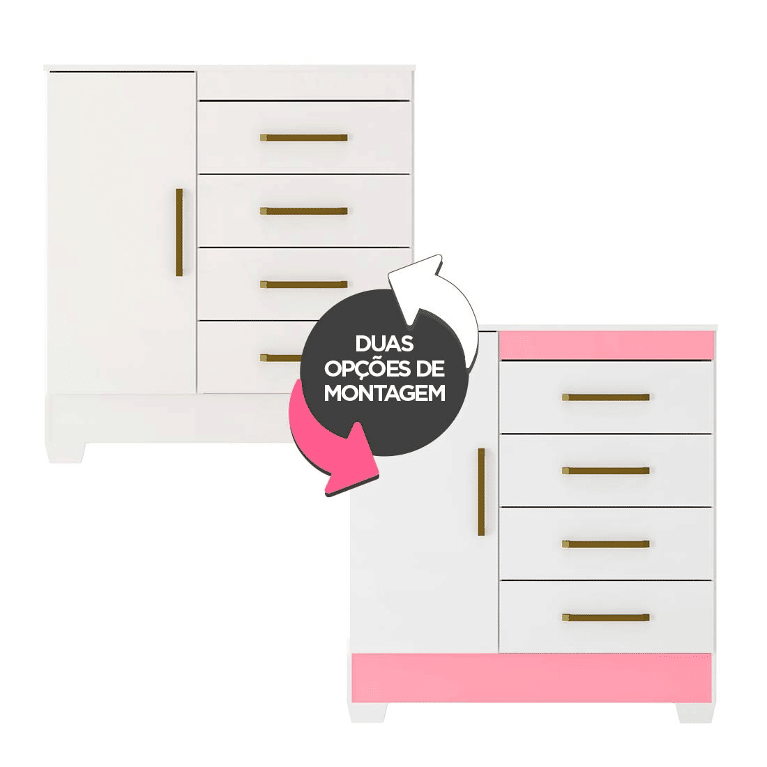 Cômoda Montevideu com 4 Gavetas e 1 Porta Demobile Branco/Branco/Rosa Cômoda Montevideu com 4 Gavetas e 1 Porta Demobile Branco/Branco/Rosa
