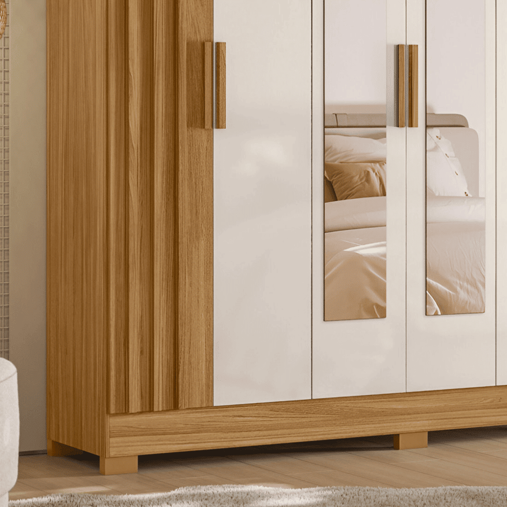 Guarda Roupa Casal Valênça 6 Portas Ripado com Espelho Freijo/Off White Moval Guarda Roupa Casal Valênça 6 Portas Ripado com Espelho Freijo/Off White Moval