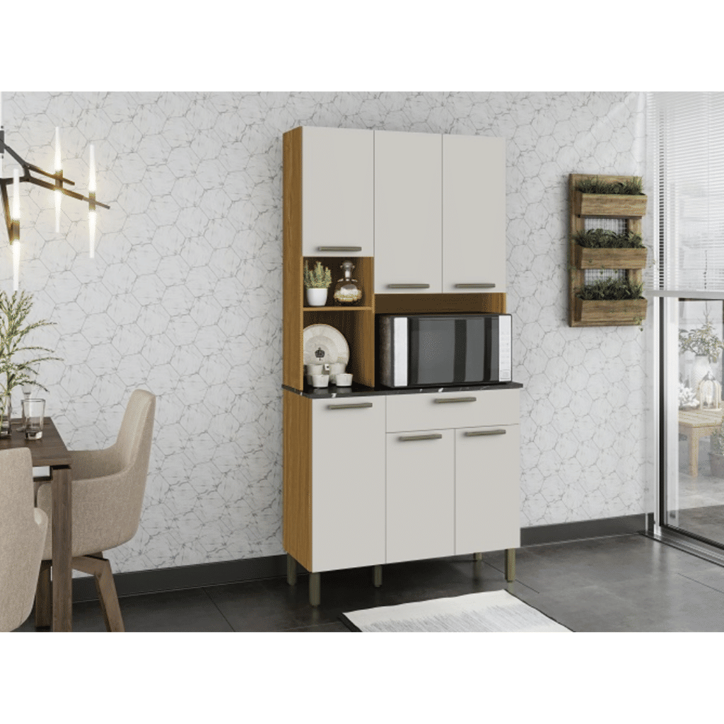 Armário de Cozinha Kit 6 Portas 1 Gaveta em MDF  Ronipa Tannat Amendoa/Off White Armário de Cozinha Kit 6 Portas 1 Gaveta em MDF  Ronipa Tannat Amendoa/Off White