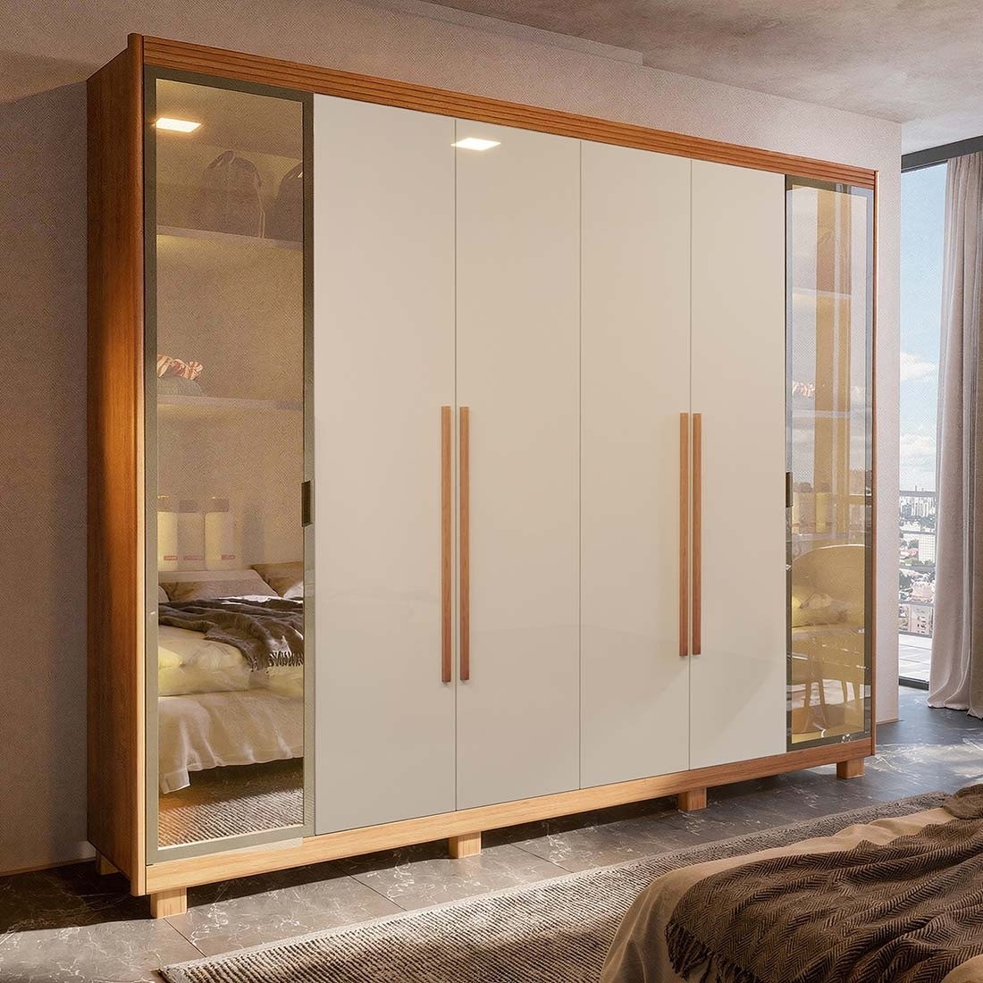 Guarda-roupa Casal Mary Reflecta com LED 6 Portas 238cm 100% MDF - Natural/Off White