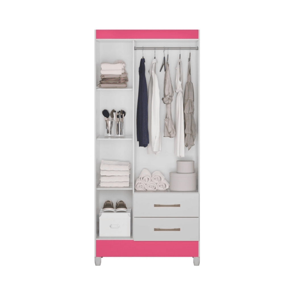 Guarda-Roupa Solteiro 3 Portas 2 Gavetas Lima Branco/Rosa/Branco-Flex - Moval Guarda-Roupa Solteiro 3 Portas 2 Gavetas Lima Branco/Rosa/Branco-Flex - Moval