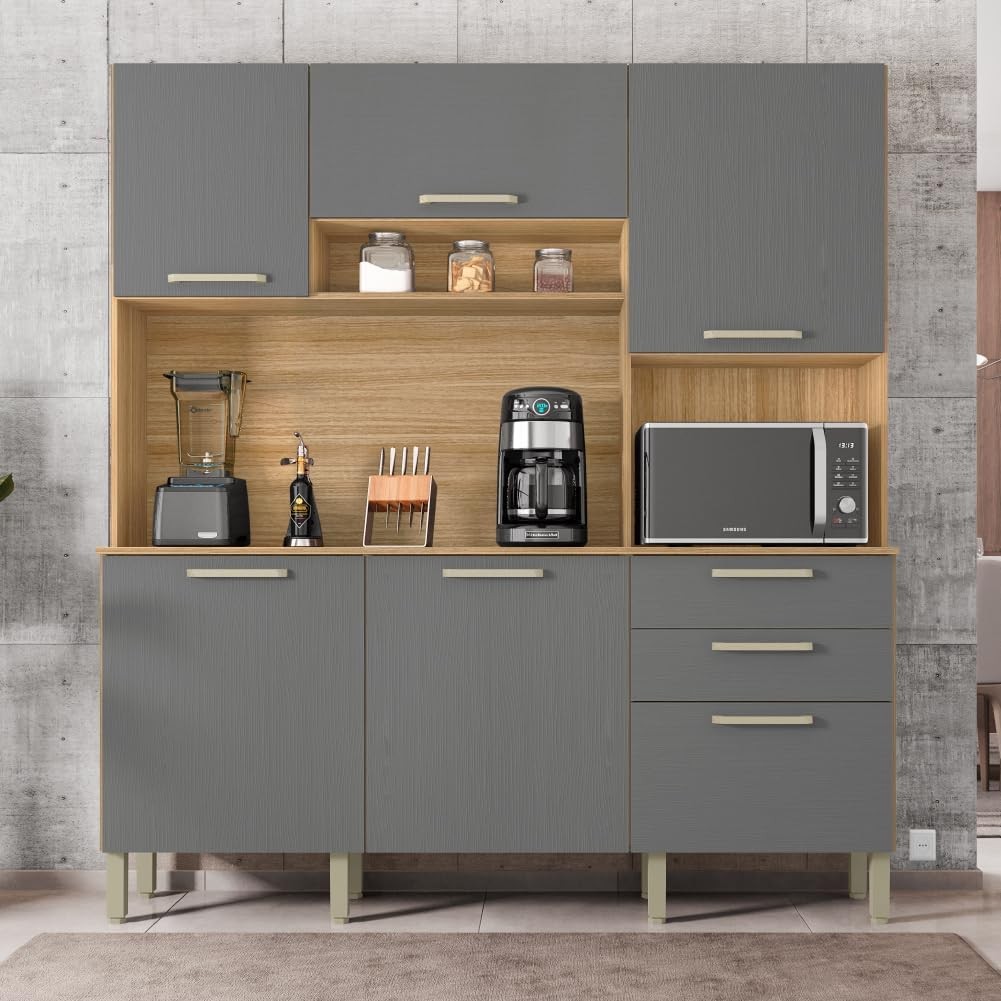 Armário de Cozinha Kit 6 Portas 2 Gavetas Ferrara Kits Paraná Freijo/Gris