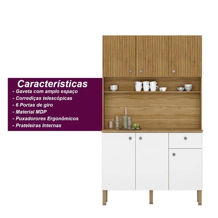 Armário de Cozinha Kit 6 Portas Style Frisado Freijo/Supremo - Kits Paraná Armário de Cozinha Kit 6 Portas Style Frisado Freijo/Supremo - Kits Paraná