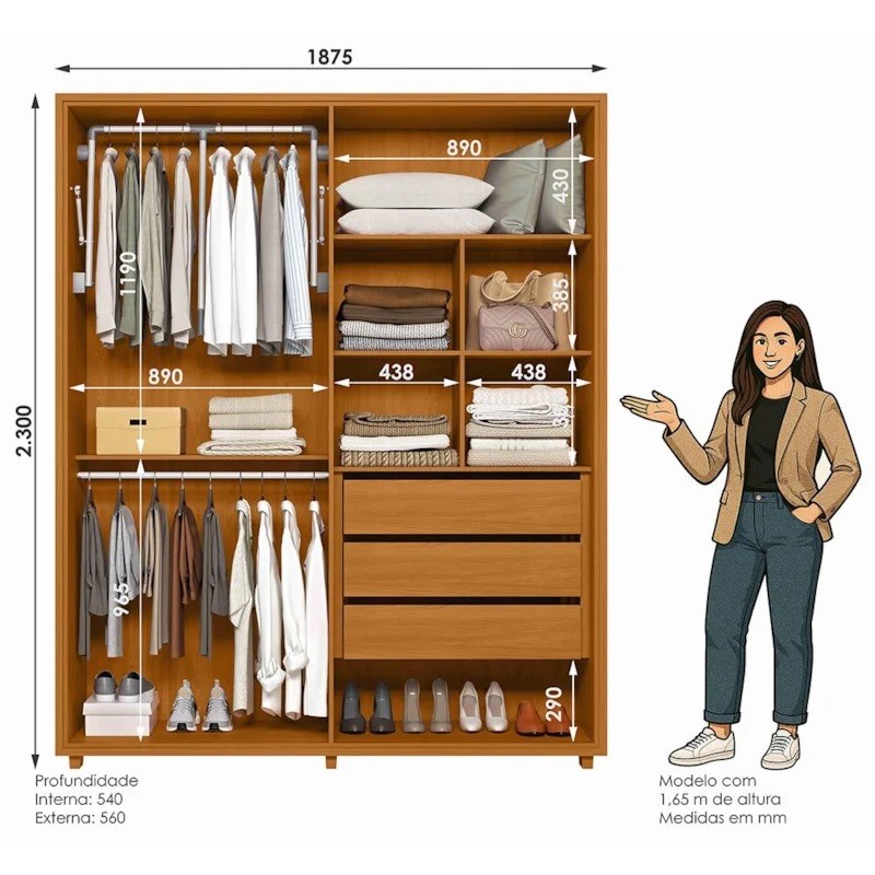 Guarda-Roupa Casal Greco 4 Portas com Espelho 100% MDF Madetec - Cinamomo/Off White