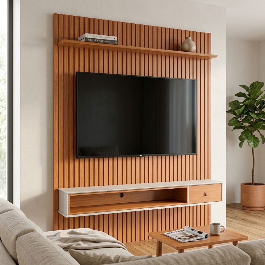 Painel Ripado Home 1.6 para TV até 65 Polegadas Detroit Nature/Off White - Tebarrot Painel Ripado Home 1.6 para TV até 65 Polegadas Detroit Nature/Off White - Tebarrot