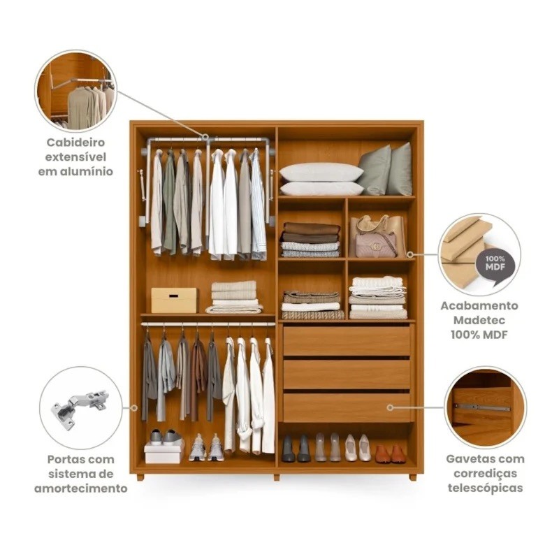 Guarda-Roupa Casal Greco 4 Portas com Espelho 100% MDF Madetec - Cinamomo/Off White