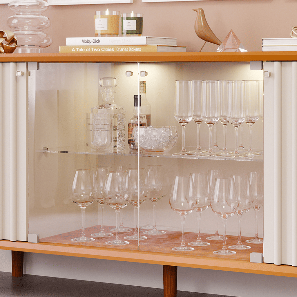 Buffet Aparador 4 portas 100% MDF, com Vidro Temperado Janice Cimol Nature/off White  Buffet Aparador 4 portas 100% MDF, com Vidro Temperado Janice Cimol Nature/off White