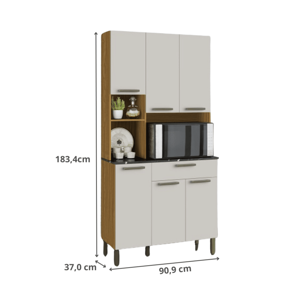 Armário de Cozinha Kit 6 Portas 1 Gaveta em MDF  Ronipa Tannat Amendoa/Off White Armário de Cozinha Kit 6 Portas 1 Gaveta em MDF  Ronipa Tannat Amendoa/Off White