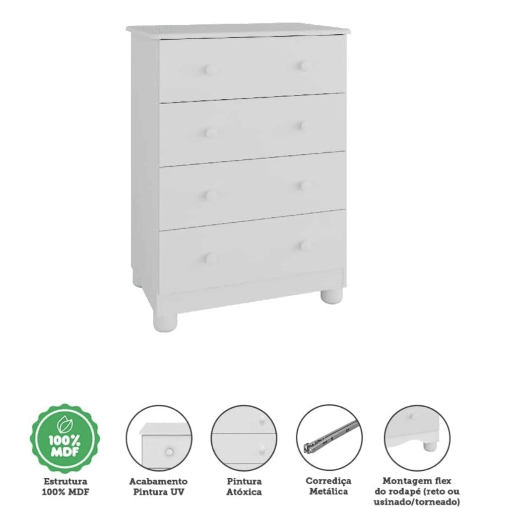 Cômoda para Quarto Infantil em MDF 4 Gavetas Peroba Junior Branco Cômoda para Quarto Infantil em MDF 4 Gavetas Peroba Junior Branco