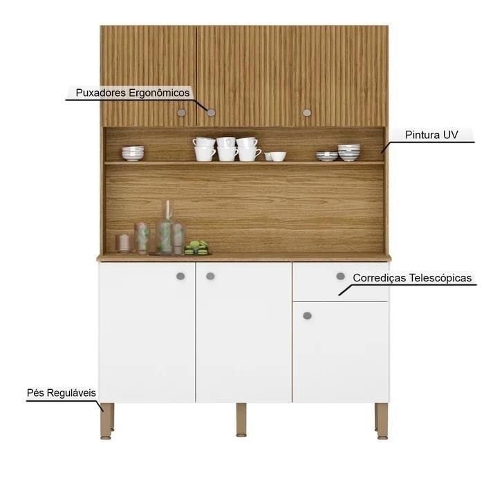 Armário de Cozinha Kit 6 Portas Style Frisado Freijo/Supremo - Kits Paraná Armário de Cozinha Kit 6 Portas Style Frisado Freijo/Supremo - Kits Paraná