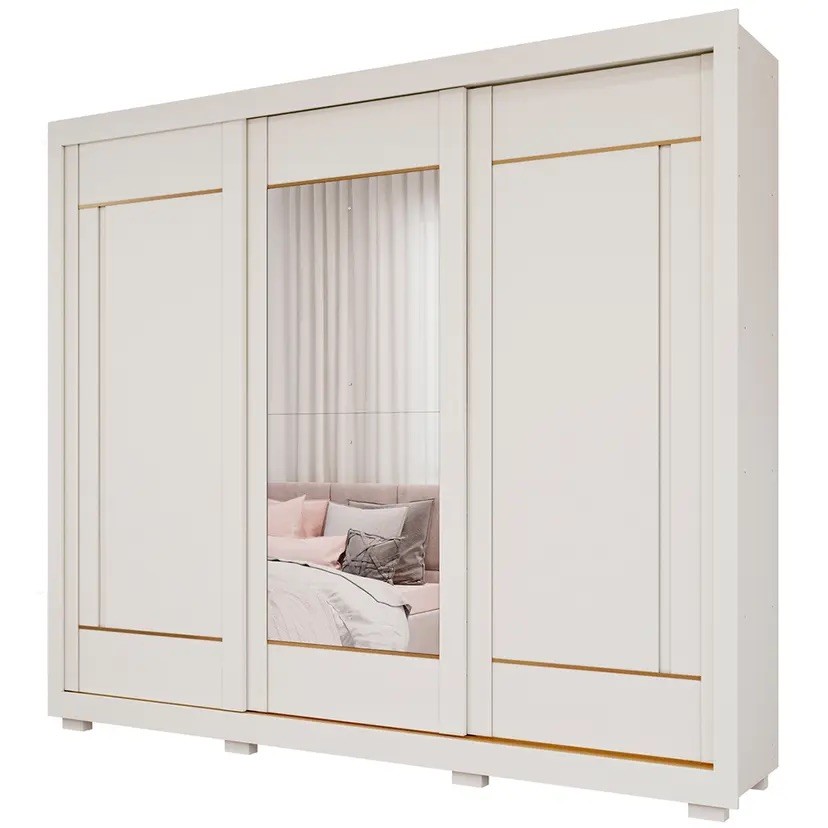 Guarda-roupa 100% MDF 3 Portas 6 Gavetas Panan Valentina com Espelho - Off White